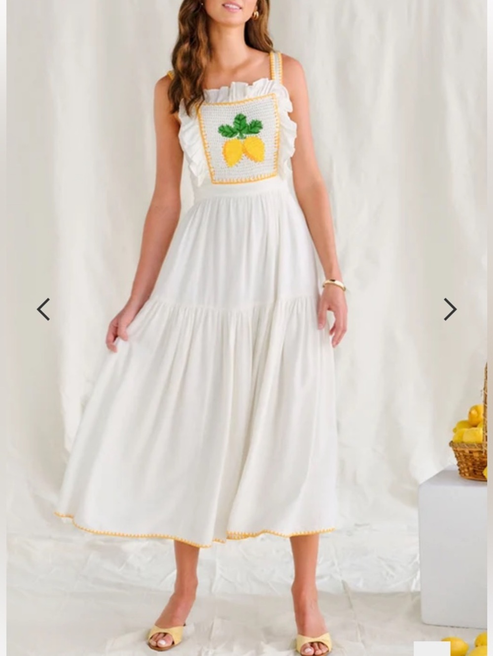SAYLOR Kathy Lemon Embroidered Ruffle Apron Midi Dress